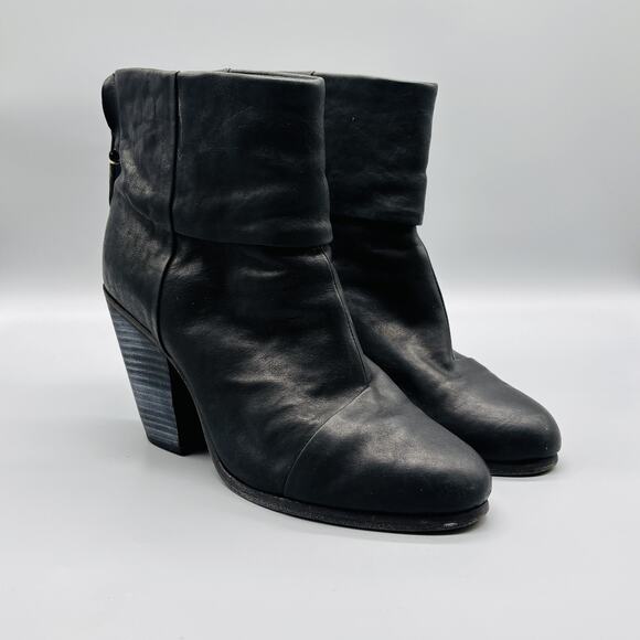Rag & Bone Boots Womens 8.5 Black Leather Newbury Ankle Booties Block Heel Zip - Picture 2 of 12
